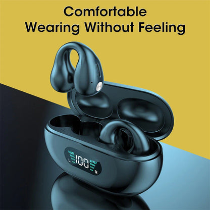 Bone conduction Bluetooth earphones with powerful bass, comfortable ear clip design, and long-lasting battery life
