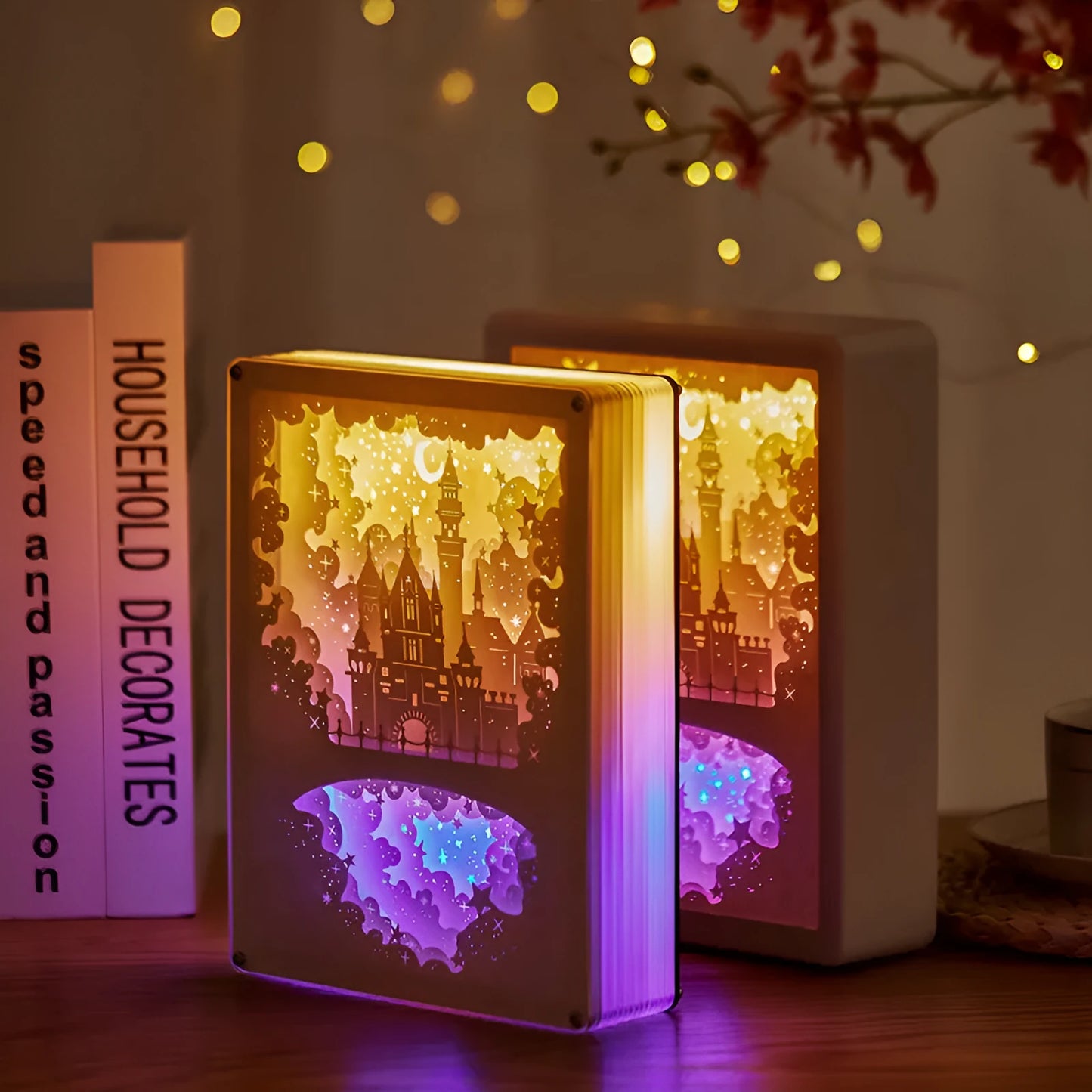 Bedside night light with three-dimensional paper carving design and USB power connection