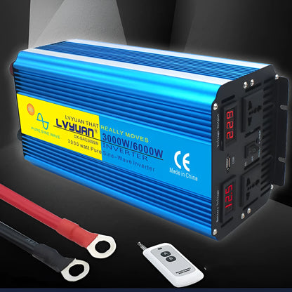 Blue 3000W 12V to 220V pure sine wave power inverter with digital display and UK socket