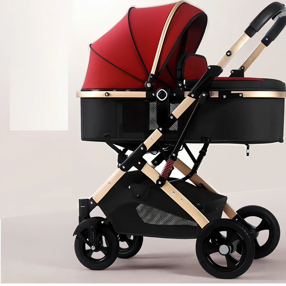 Portable folding baby stroller in dark blue with aluminum alloy frame and rubber wheels for 0-36 month newborns