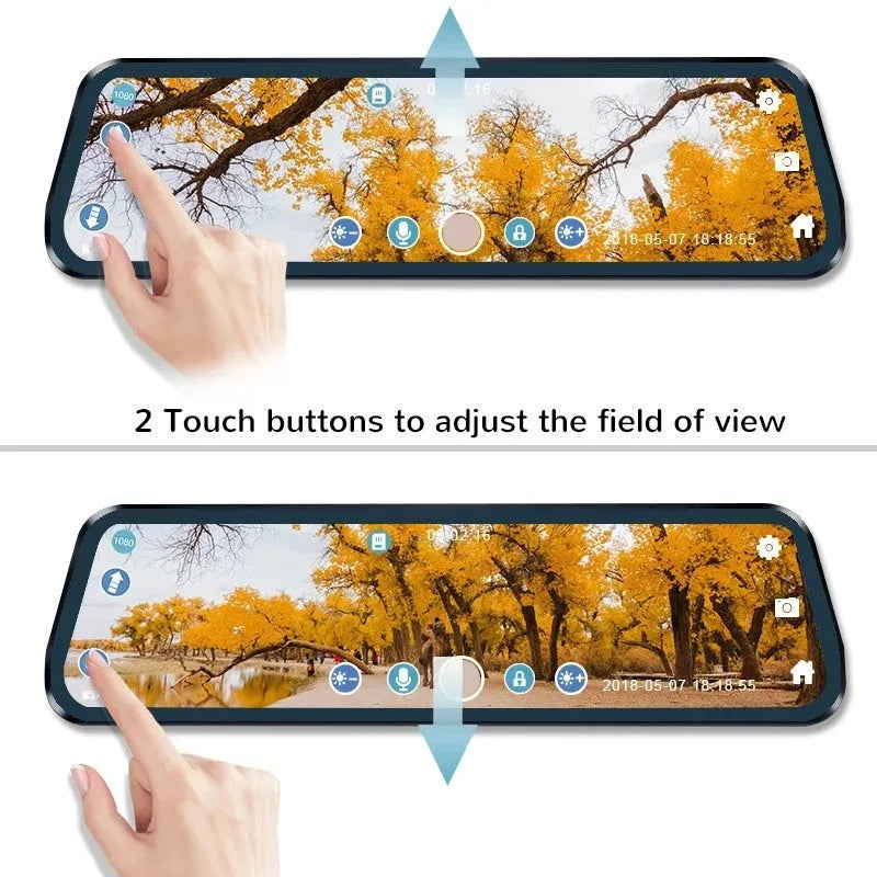 Car rearview mirror camera with 9.88 inch touch screen, 1080p recording, WiFi and motion detection, 34cm x 12cm x 6cm