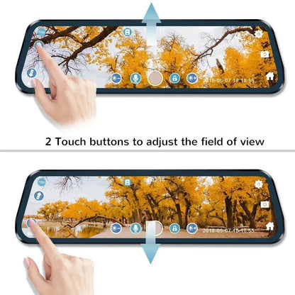 Car rearview mirror camera with 9.88 inch touch screen, 1080p recording, WiFi and motion detection, 34cm x 12cm x 6cm