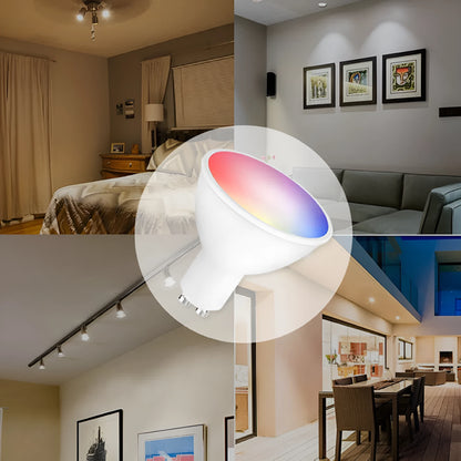 A white GU10 smart LED spotlight bulb with RGBCCT colour and Wi-Fi connectivity.