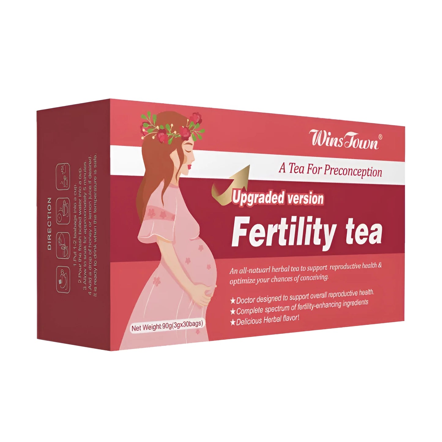 Box of Fertility Tea containing three packs of thirty herbal tea bags each.