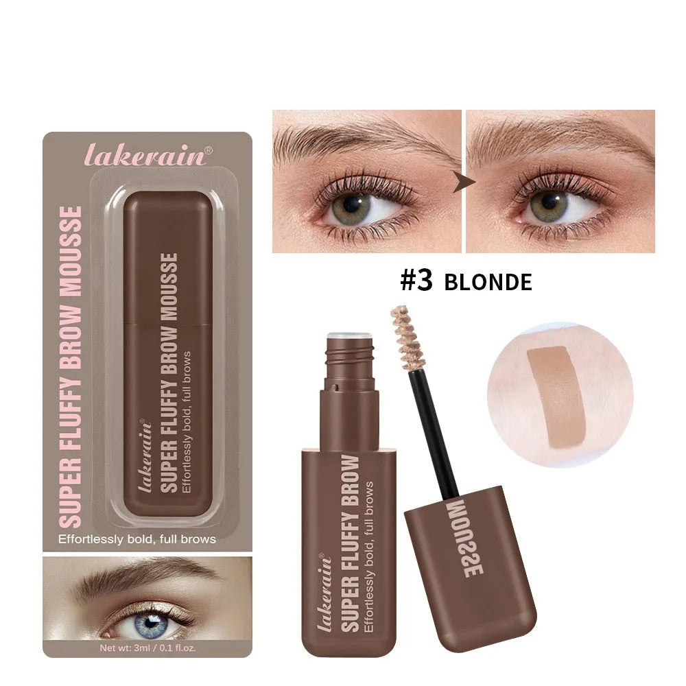 Eyebrow cream mousse in packaging with six shade options for long-lasting, three-dimensional brow definition.