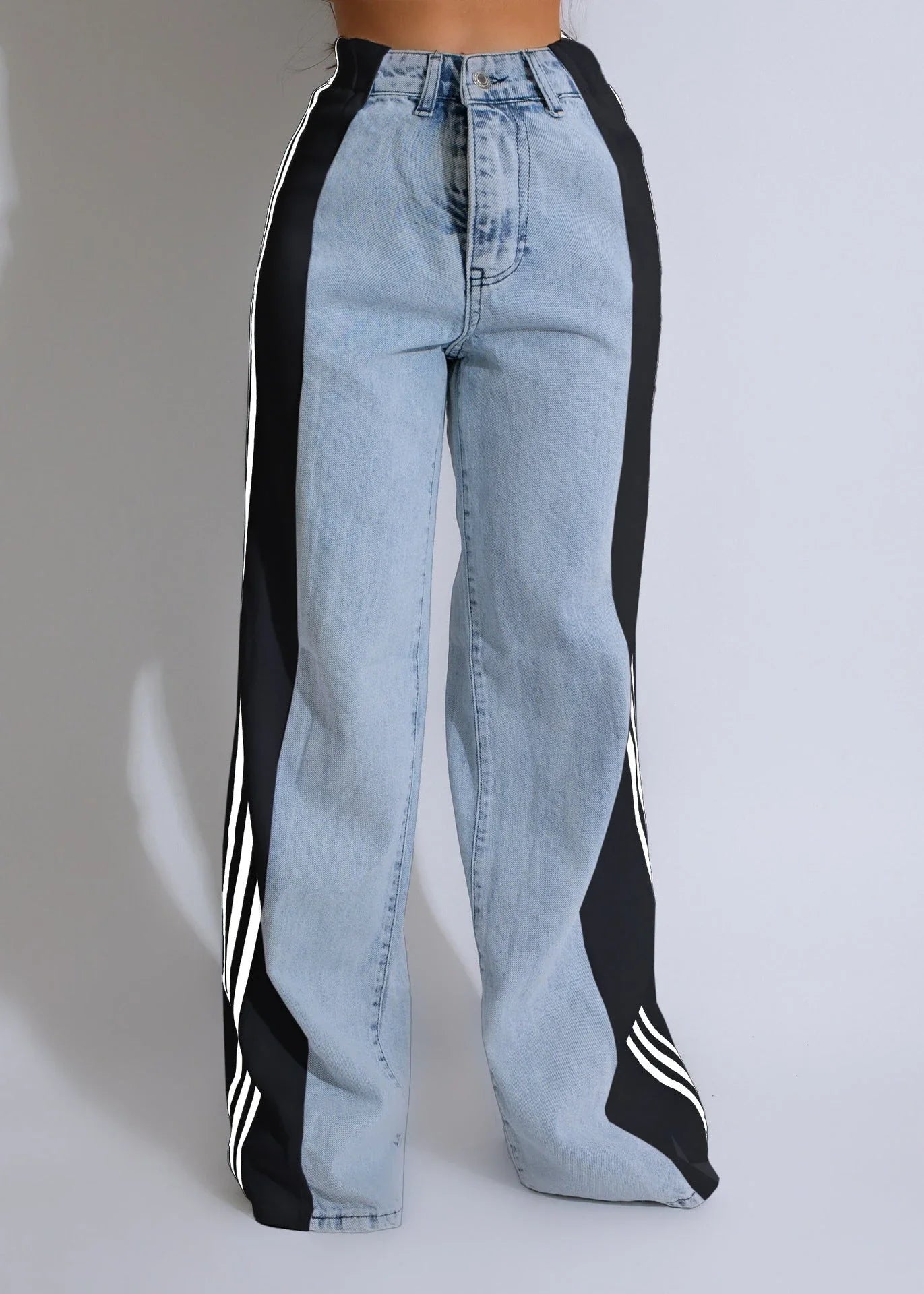 Stylish denim pants with three-stripe patchwork design in various color options