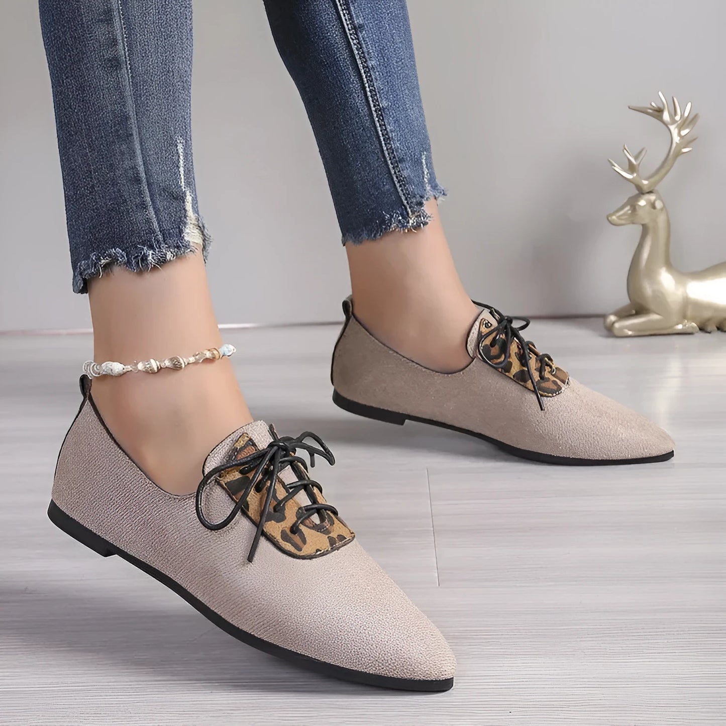 Beige leopard print women's pumps with pointed toe design for plus sizes