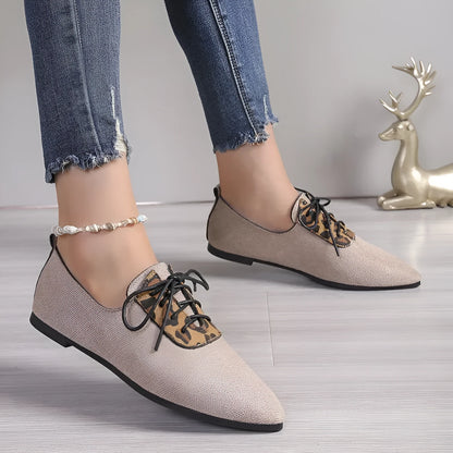 Beige leopard print women's pumps with pointed toe design for plus sizes