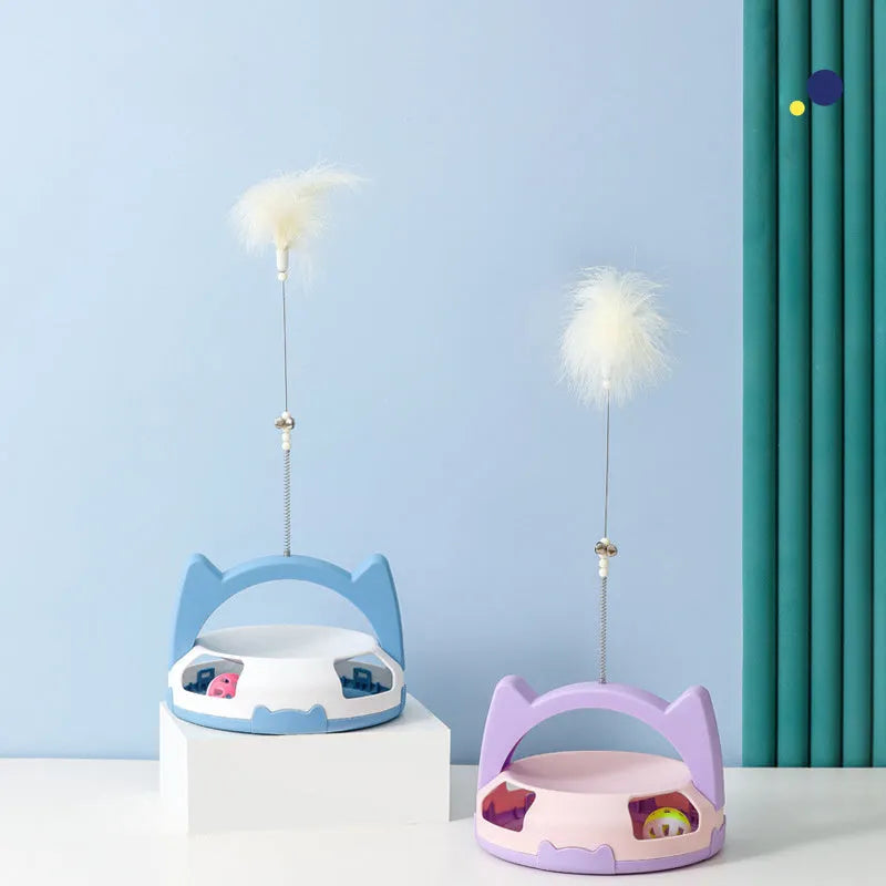 Bite-resistant cat play stick with spinning ball toy on a flexible wire, in blue colour.