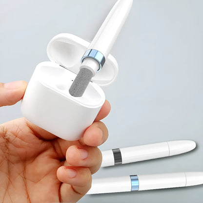 Blue headphone cleaning pen with metal tip, brush, and flocking sponge for electronics
