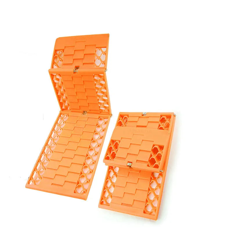 Orange folding vehicle rescue board showing folded and unfolded positions with anti slip rubber surface
