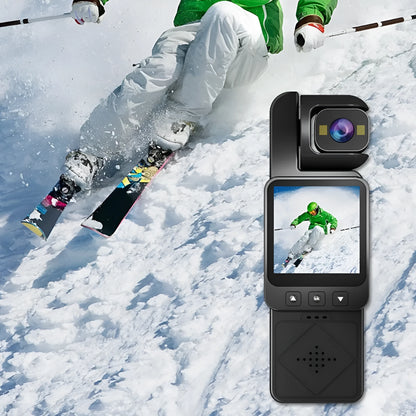 Handheld portable camera in black or silver, 3.7 cm wide, 2.4 cm deep, 11 cm tall, ABS plastic body, for sports and outdoor use