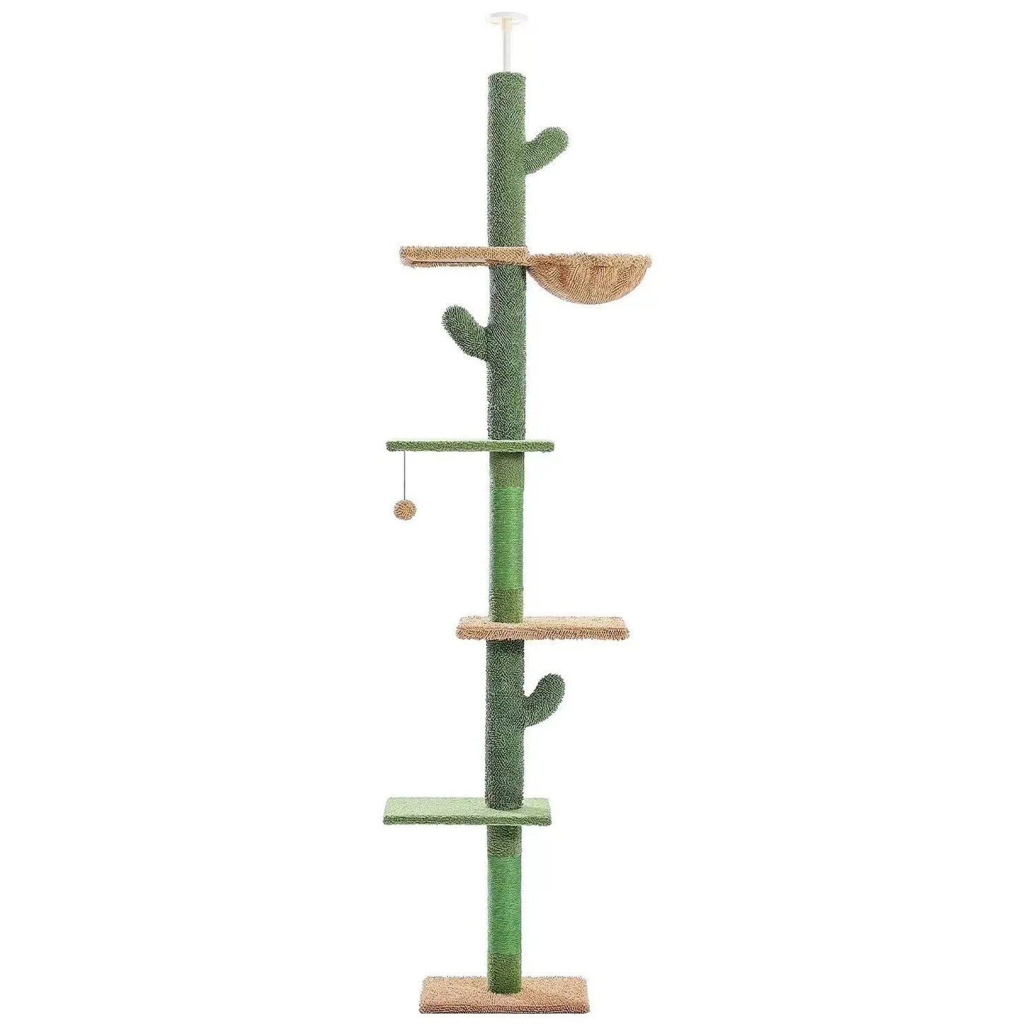 Tall natural wood cat climbing frame with integrated scratching board and enclosed cat nest
