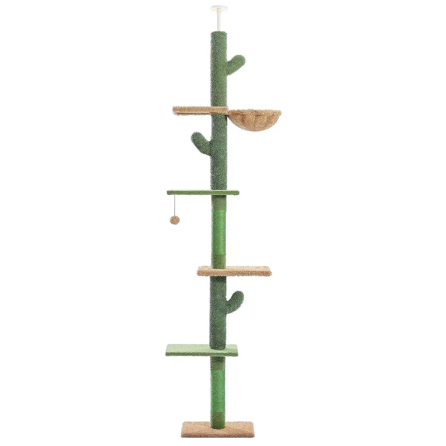 Tall natural wood cat climbing frame with integrated scratching board and enclosed cat nest