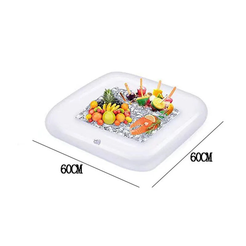 Inflatable ice bar set with yellow ice bucket and cup holder on a grey background.