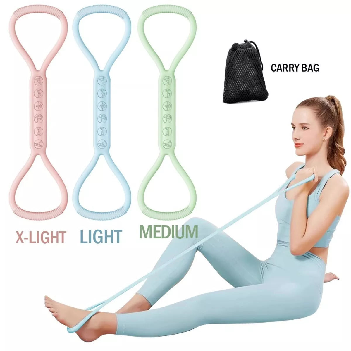 8-character Puller Silicone Yoga Mini Band Kit with Light, Medium, and Heavy resistance bands