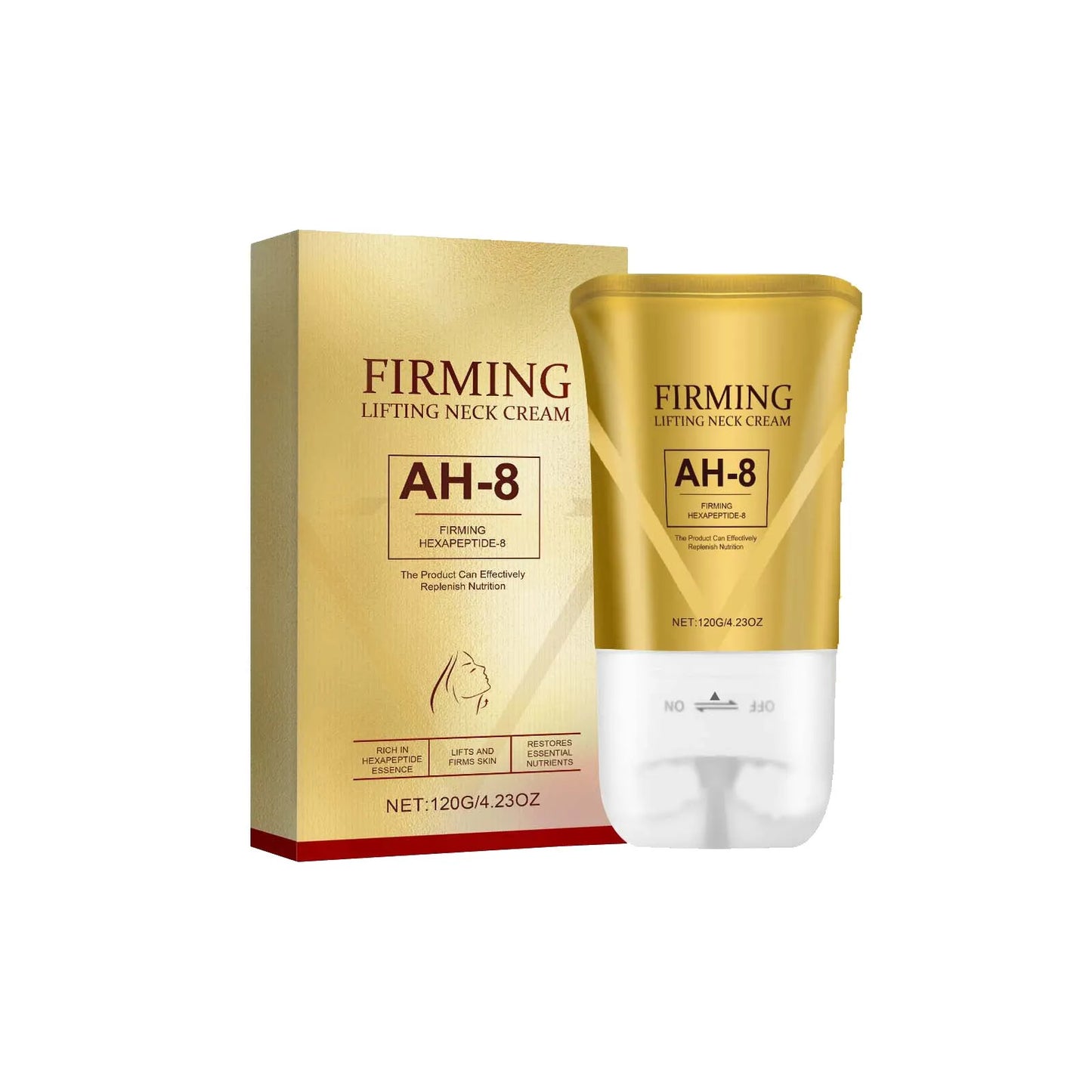 Tightening roller cream for neck lines in 8.6cm x 17.5cm container with integrated massage applicator