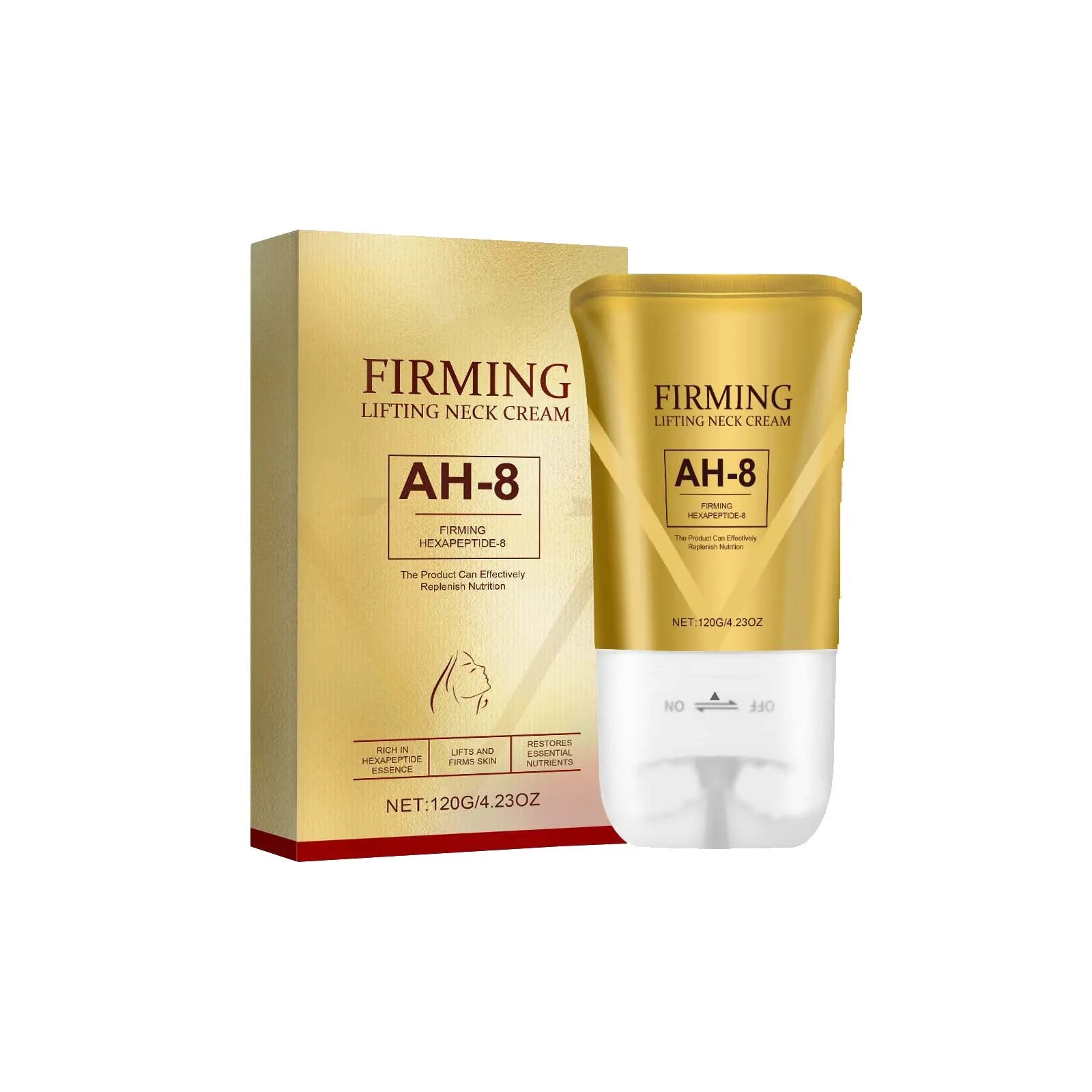 Tightening roller cream for neck lines in 8.6cm x 17.5cm container with integrated massage applicator