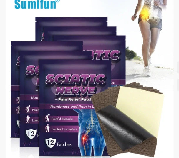 Sciatic Nerve Acupoint Patch showing plaster form with 12 patches per bag, each patch 26g