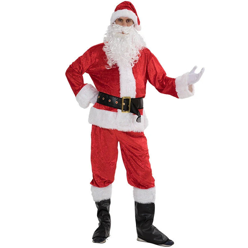 Premium Santa Claus costume with red and white design, including hat, top, pants, belt, boot covers, gloves, and beard