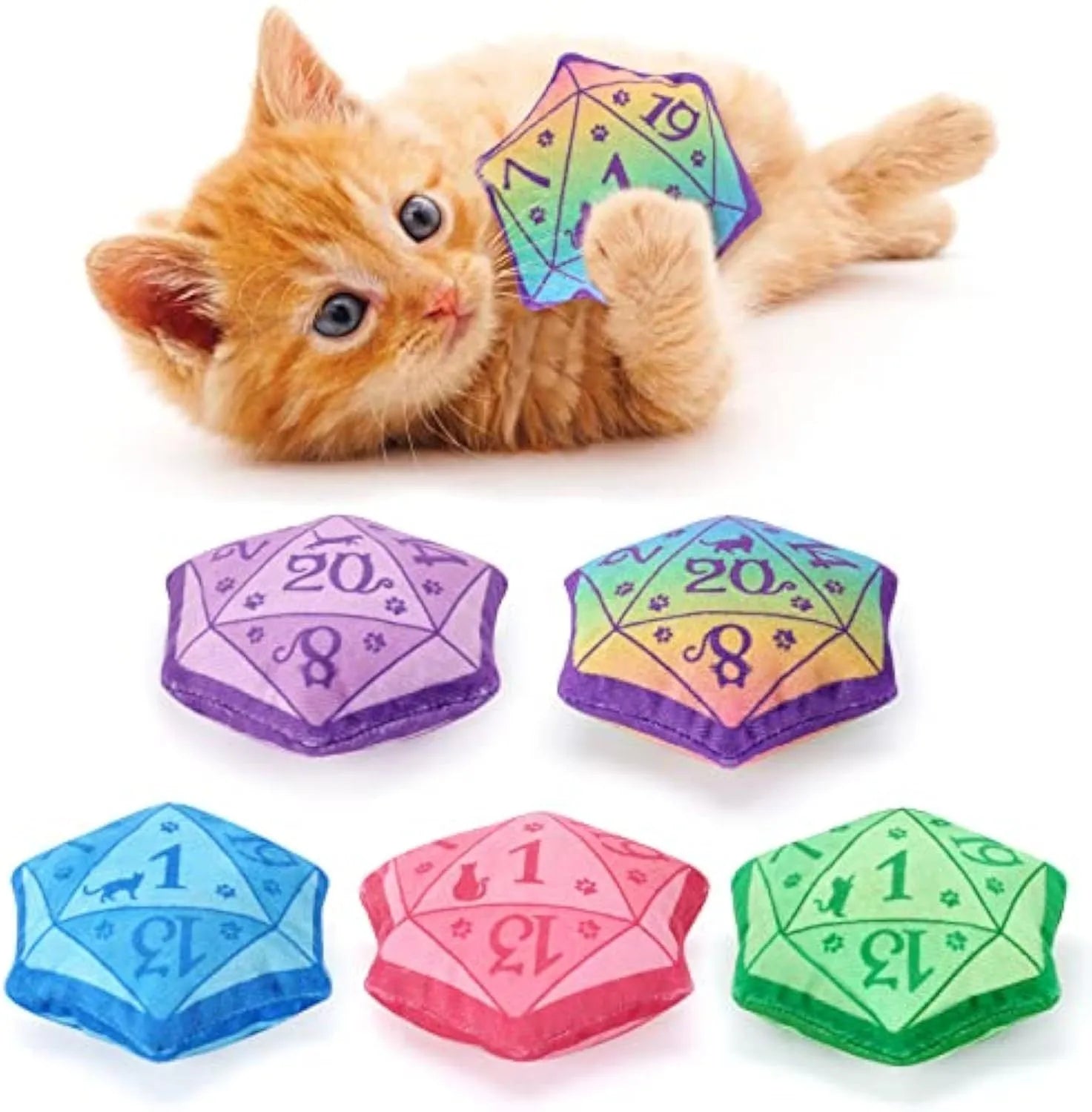 Plush dice-shaped cat toy with organic catnip filling in multiple colour options