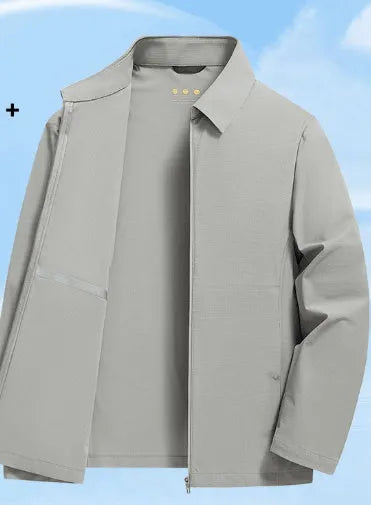Navy blue summer business shirt with lapels made from ice silk fabric, shown on a hanger.