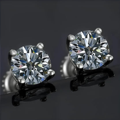 Silver four claw screw back moissanite stud earrings with geometric stone on a 7mm wide setting.