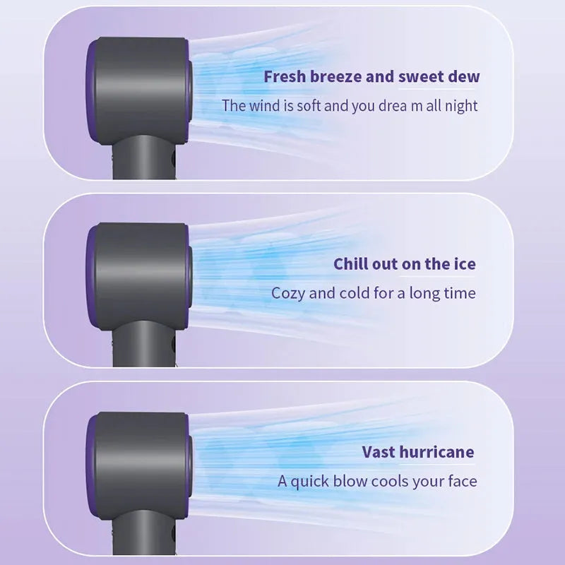 Portable handheld fan with semiconductor cooling, 3000mAh battery, and adjustable wind speeds