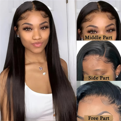 13x4 straight human hair wig with hand-woven lace front, available in 8-32 inch lengths and 150-250% density