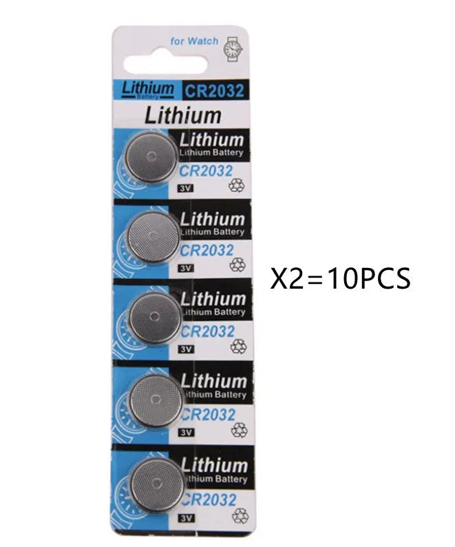 Card of five CR2032 3V lithium button batteries for electronics and remote controls.