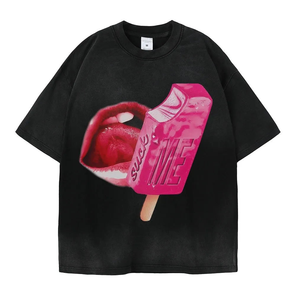 A loose-fit heavy washed cotton T-shirt with a cartoon print, shown in a selection of available colours.