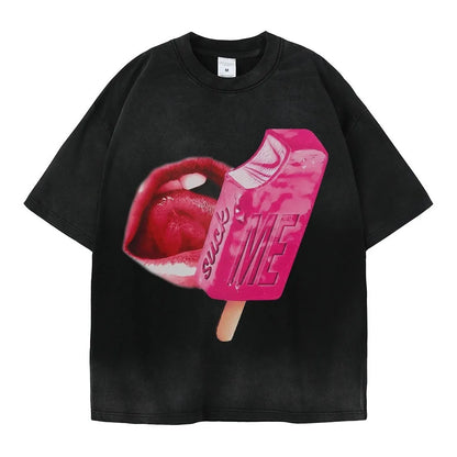 A loose-fit heavy washed cotton T-shirt with a cartoon print, shown in a selection of available colours.