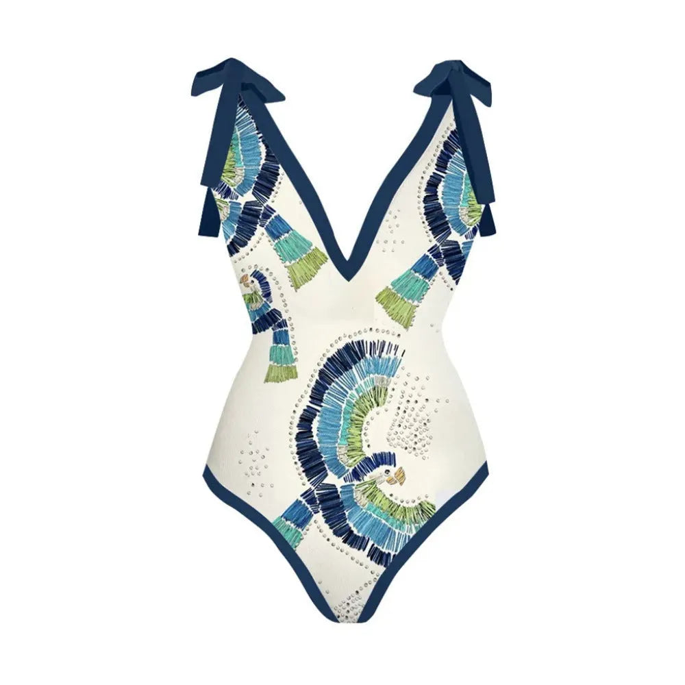 Blue French retro one-piece swimsuit with a detachable gauze skirt on a mannequin, backless design.
