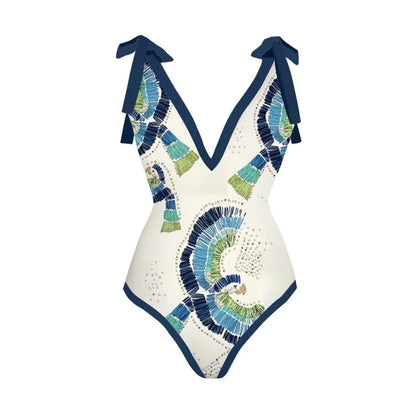Blue French retro one-piece swimsuit with a detachable gauze skirt on a mannequin, backless design.
