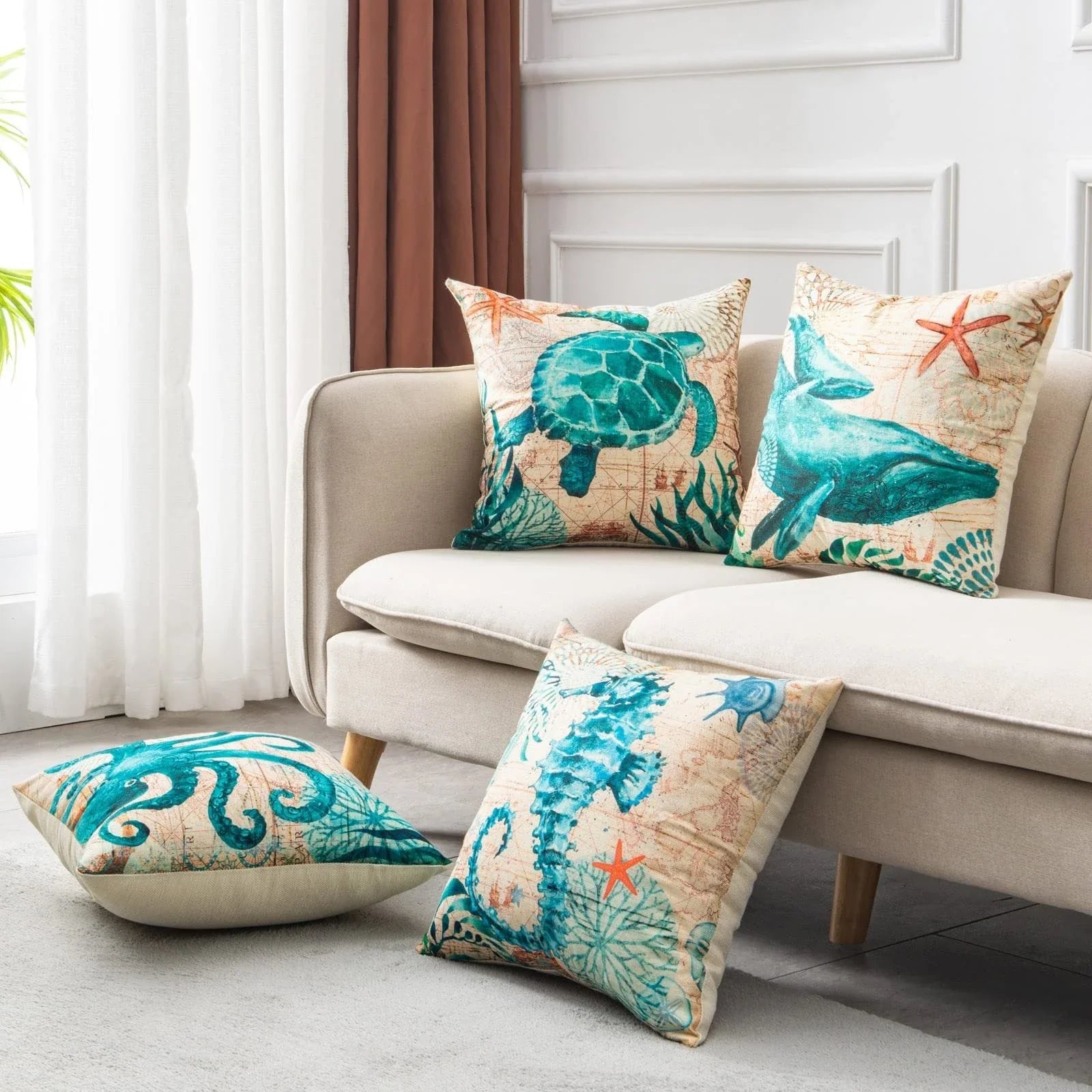 Colorful throw pillow covers featuring vibrant sea creature designs like turtles, octopuses, and seahorses printed on soft, durable linen fabric