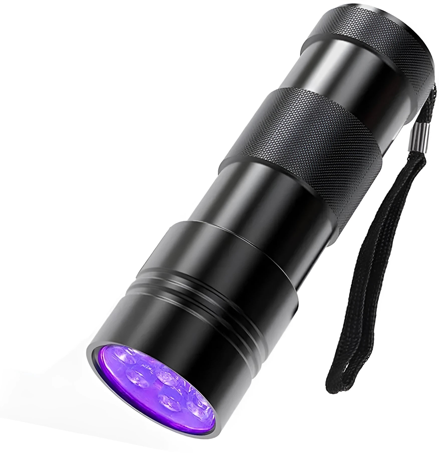Black aluminium alloy UV flashlight torch for detecting pet urine stains and bed bugs.