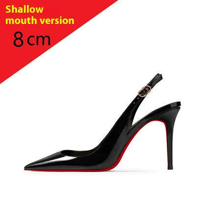 Women's black and red stiletto heel sandals with ankle-strap buckle and pointed toe