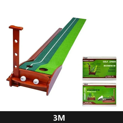 Indoor golf putting mat with solid wood frame, artificial grass surface, and dual-hole targets