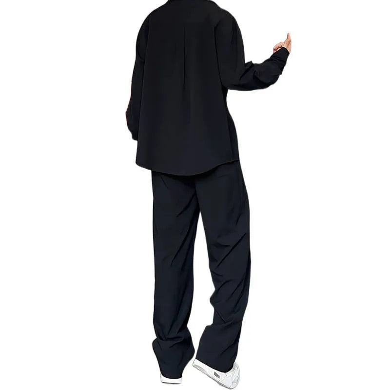 Men's black slim fit polo shirt and trousers set made from four-sided elastic hemp fabric