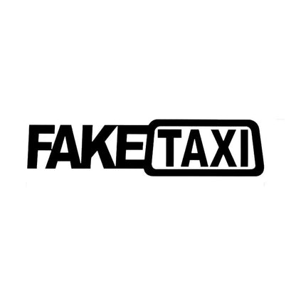 FAKE TAXI car warning sticker in black, white and yellow colours showing 20x8cm waterproof PET label
