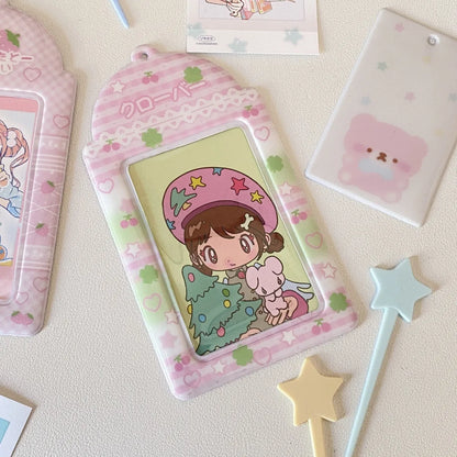 PVC cartoon meal card holder with clear sleeve, strawberry or four-leaf clover design, 7.6x13.6cm