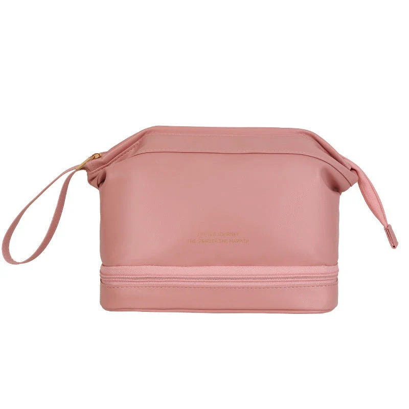 Premium PU leather cosmetic bag with large capacity, versatile storage, and water-resistant design for modern women on the go