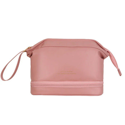 Premium PU leather cosmetic bag with large capacity, versatile storage, and water-resistant design for modern women on the go