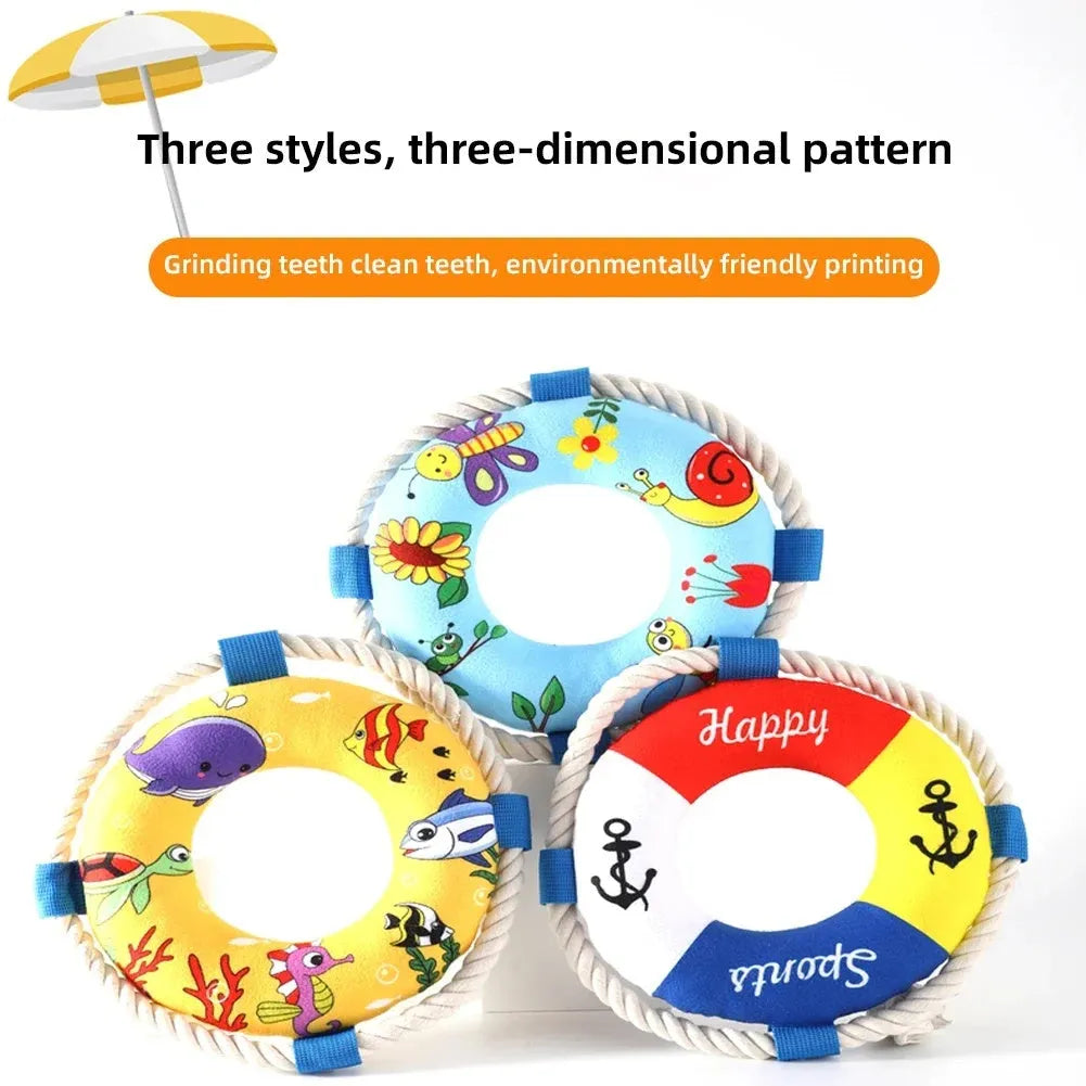 Soft plush dog pull ring toy with squeaker in yellow fish pattern