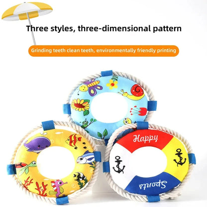 Soft plush dog pull ring toy with squeaker in yellow fish pattern