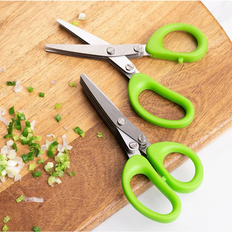 Stainless steel kitchen scissors with five parallel blades for cutting green onions and herbs