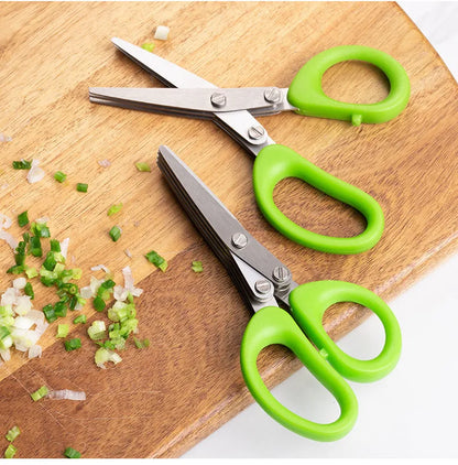 Stainless steel kitchen scissors with five parallel blades for cutting green onions and herbs