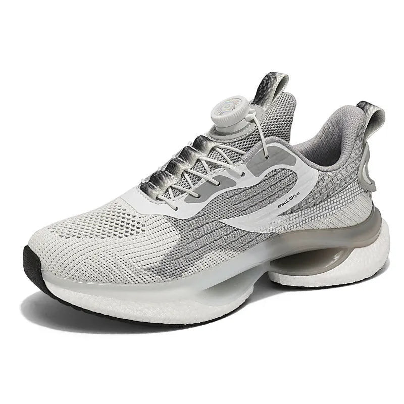 Men's white low-top running sneakers with a buckle fastener and mesh upper.