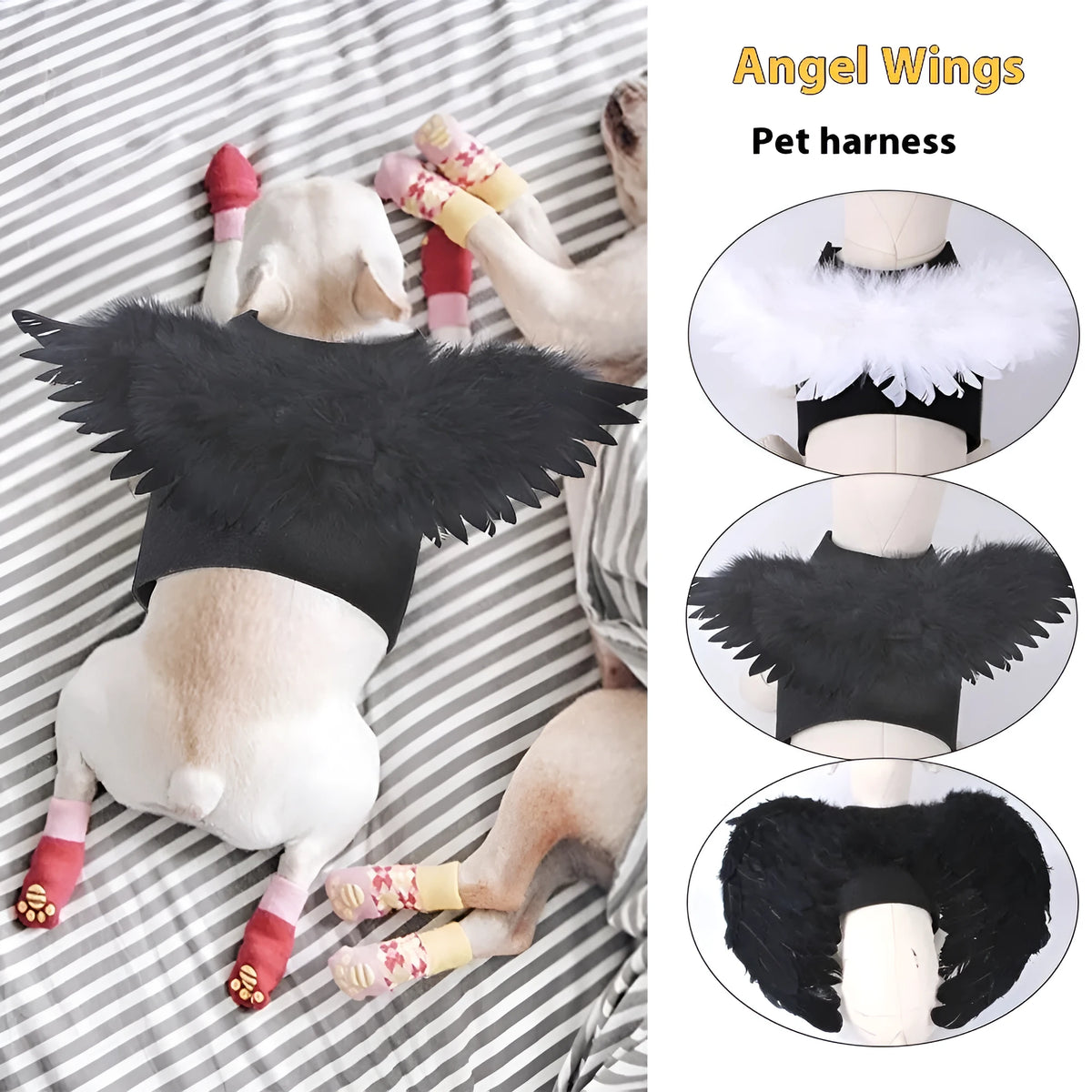Halloween angel wings dog costume with chest-back harness in black or white felt cloth