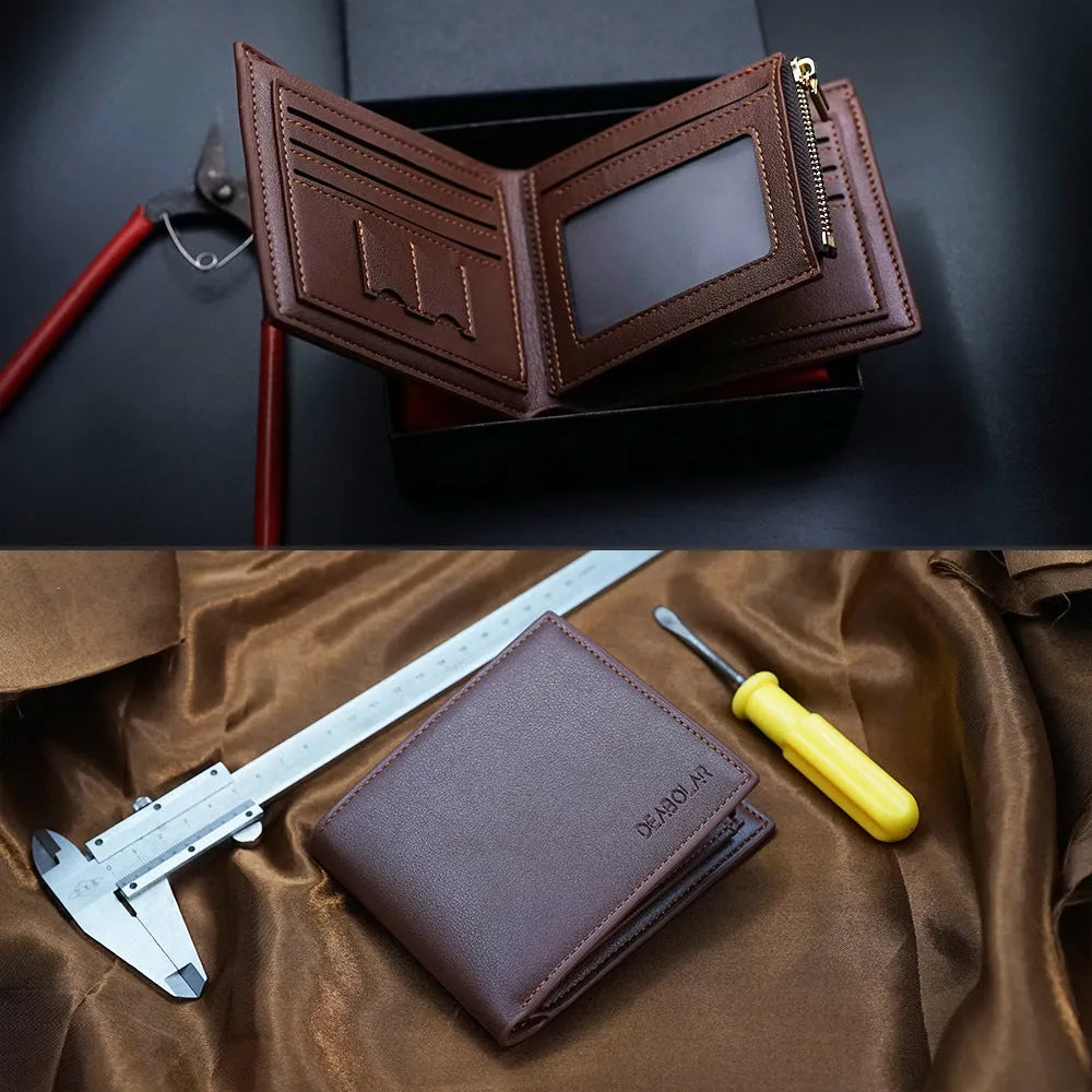 Men's leather wallet with zipper closure, presented in individual packaging.